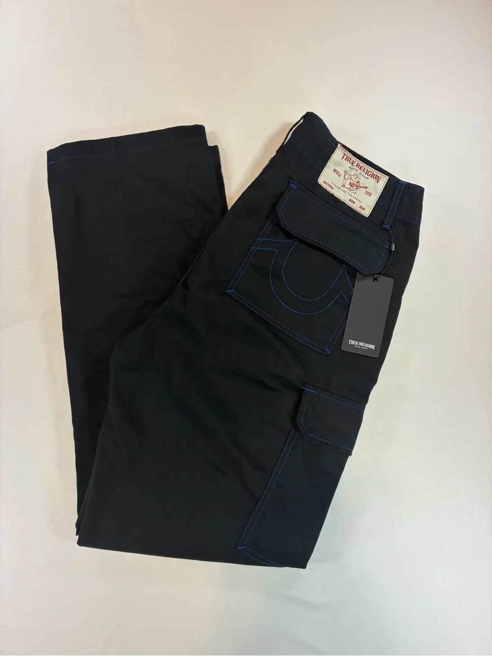 True Religion Black Cargo Pants with Blue Contrast Stitching